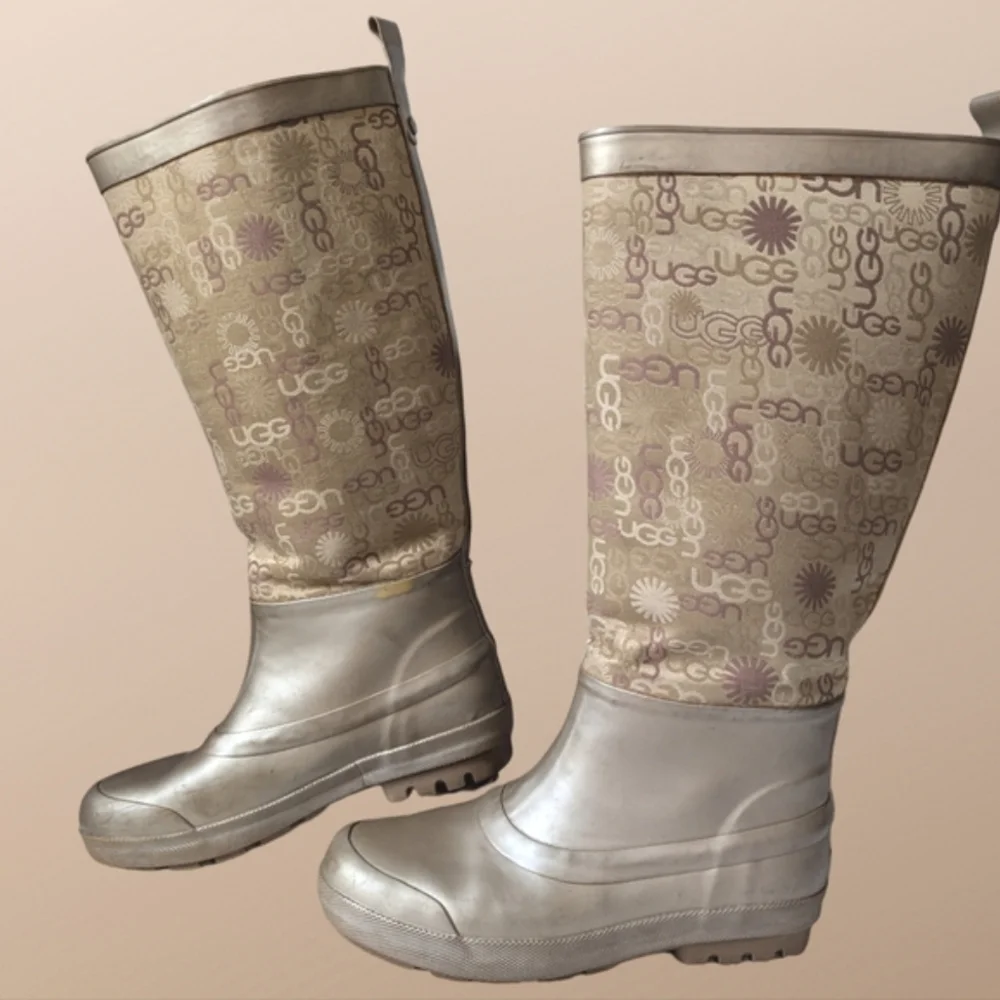 VTG Y2K UGG Wallingford Wellies Gold Sheepskin Logo Print Rain Boots Women's 7 - Picture 3 of 14